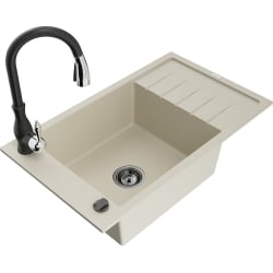 Mexen Elias 1 Becken-Granitspüle mit Abtropffläche und Mischbatterie Savita, Beige - 6511-69-672601-70