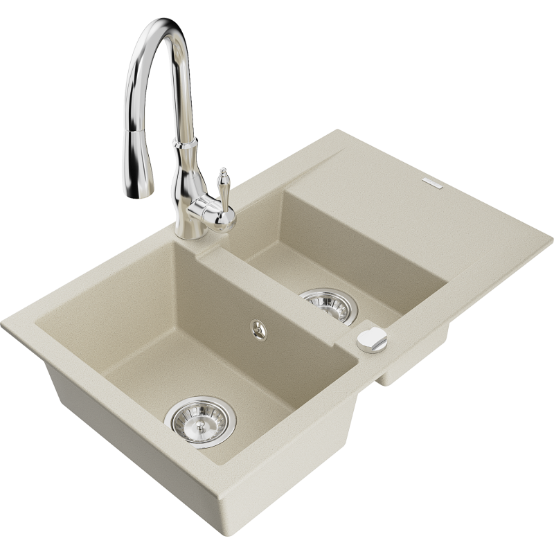 Mexen Gaspar 1,5-Becken-Granitspüle mit Abtropffläche und Mischbatterie Savita, Beige - 6507-69-672601-00