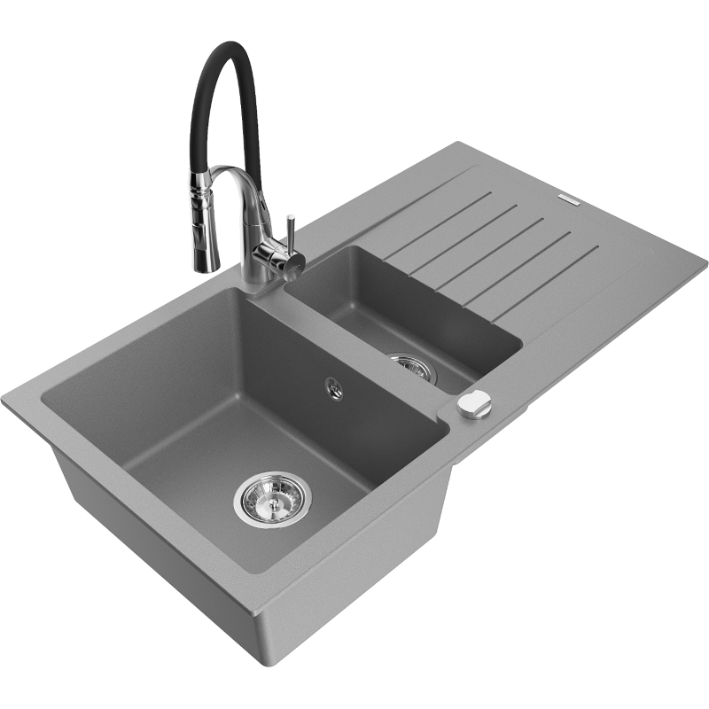 Mexen Matias 1,5-Becken-Granitspüle mit Abtropffläche und Mischbatterie Aster, Grau - 6502-71-73450-07