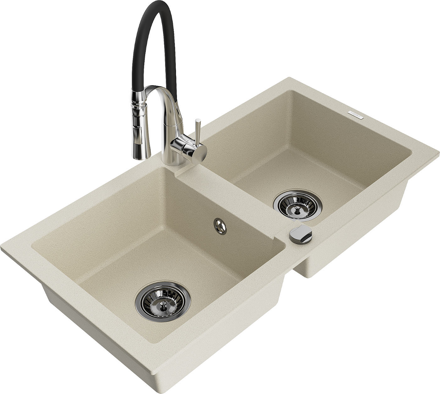 Mexen Mario 2-Becken-Granitspüle mit Mischbatterie Aster, Beige - 6504-69-73450-07-B