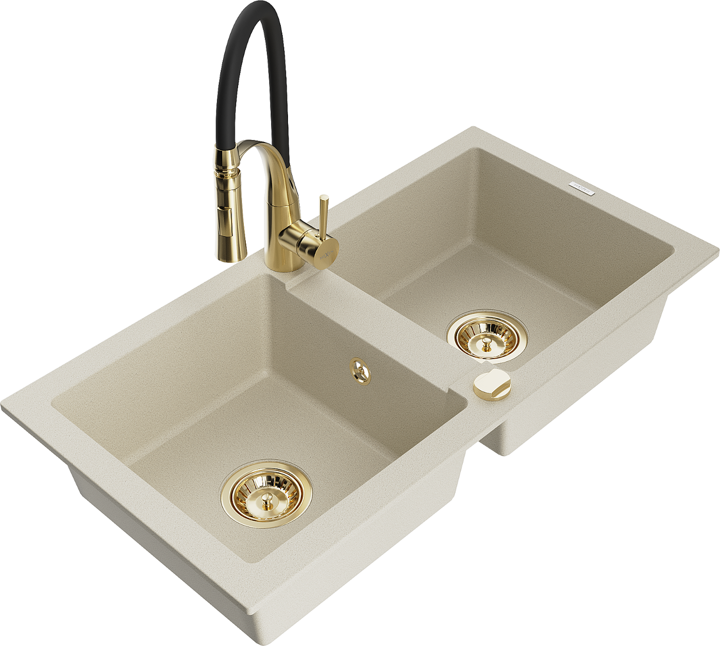 Mexen Mario 2-Becken-Granitspüle mit Mischbatterie Aster, Beige - 6504-69-73450-57-G