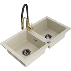 Mexen Mario 2-Becken-Granitspüle mit Mischbatterie Aster, Beige - 6504-69-73450-57-B