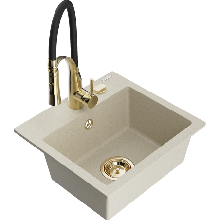 Mexen Milo 1-Becken-Granit-Spüle mit Mischbatterie Aster, Beige - 6505-69-73450-57-G