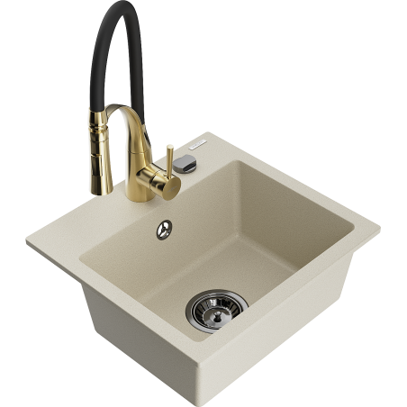 Mexen Milo 1-Becken-Granit-Spüle mit Mischbatterie Aster, Beige - 6505-69-73450-57-B