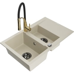 Mexen Gaspar 1,5-Becken-Granitspüle mit Abtropffläche und Mischbatterie Aster, Beige - 6507-69-73450-57-B