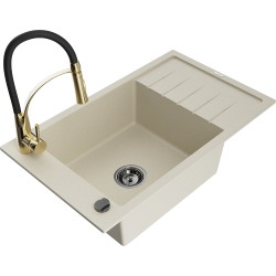 Mexen Elias 1 Becken-Granitspüle mit Abtropffläche und Mischbatterie Aster, Beige - 6511-69-73450-57-B