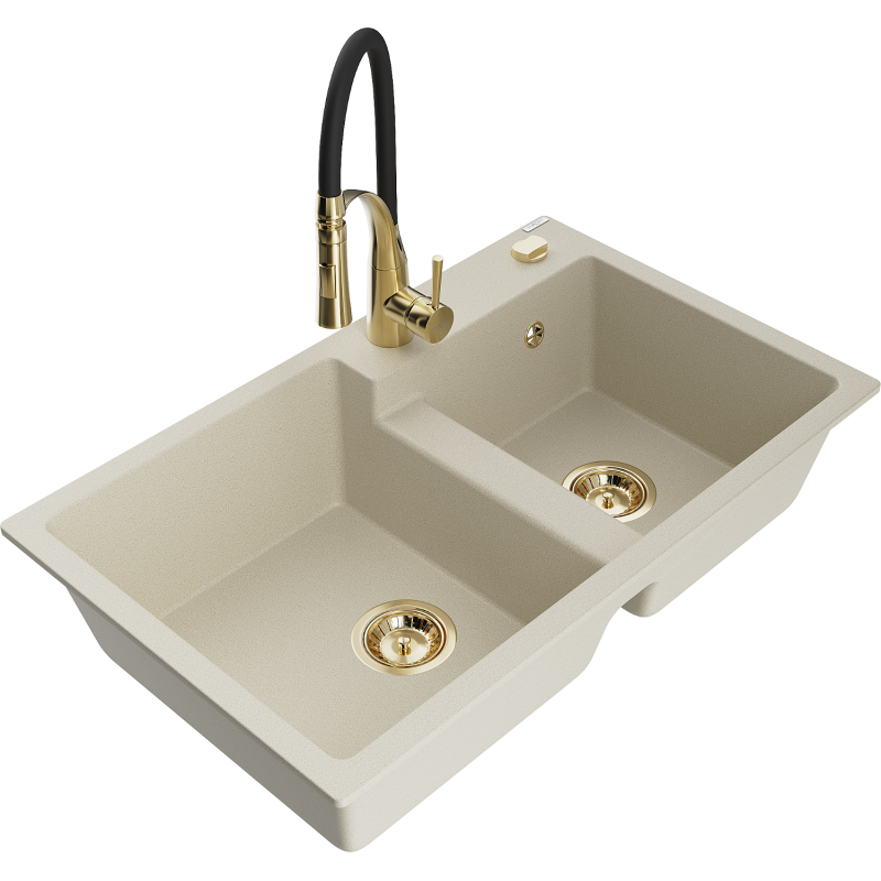 Mexen Tomas 2-Becken-Granitspüle mit Mischbatterie Aster, Beige - 6516-69-73450-57-G