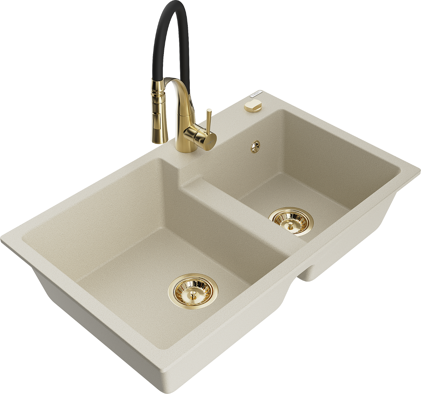 Mexen Tomas 2-Becken-Granitspüle mit Mischbatterie Aster, Beige - 6516-69-73450-57-G