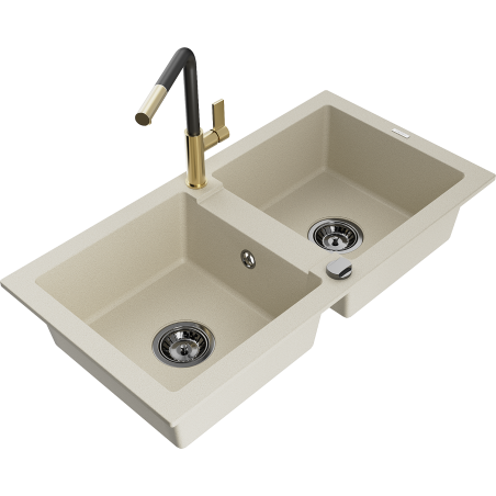 Mexen Mario 2-Becken-Granitspüle mit Mischbatterie Flora, Beige - 6504-69-670401-57-B