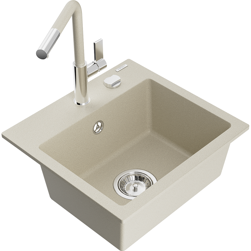 Mexen Milo 1-Becken-Granitspüle mit Mischbatterie Flora, Beige - 6505-69-670401-09