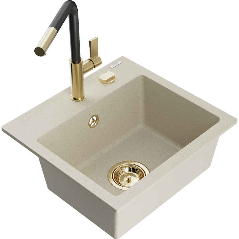 Mexen Milo 1-Becken-Granitspüle mit Mischbatterie Flora, Beige - 6505-69-670401-57-G