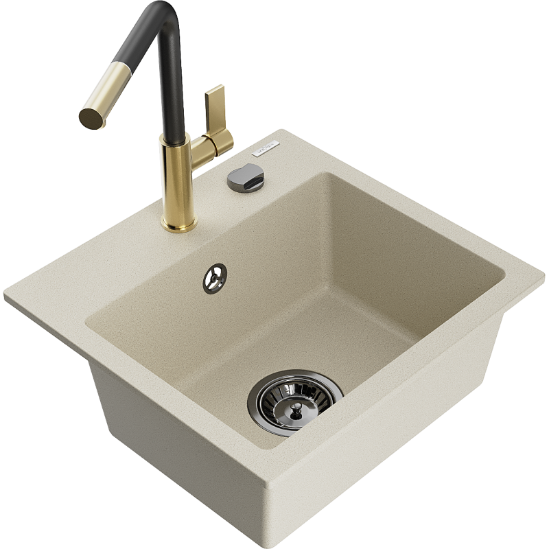 Mexen Milo 1-Becken-Granitspüle mit Mischbatterie Flora, Beige - 6505-69-670401-57-B