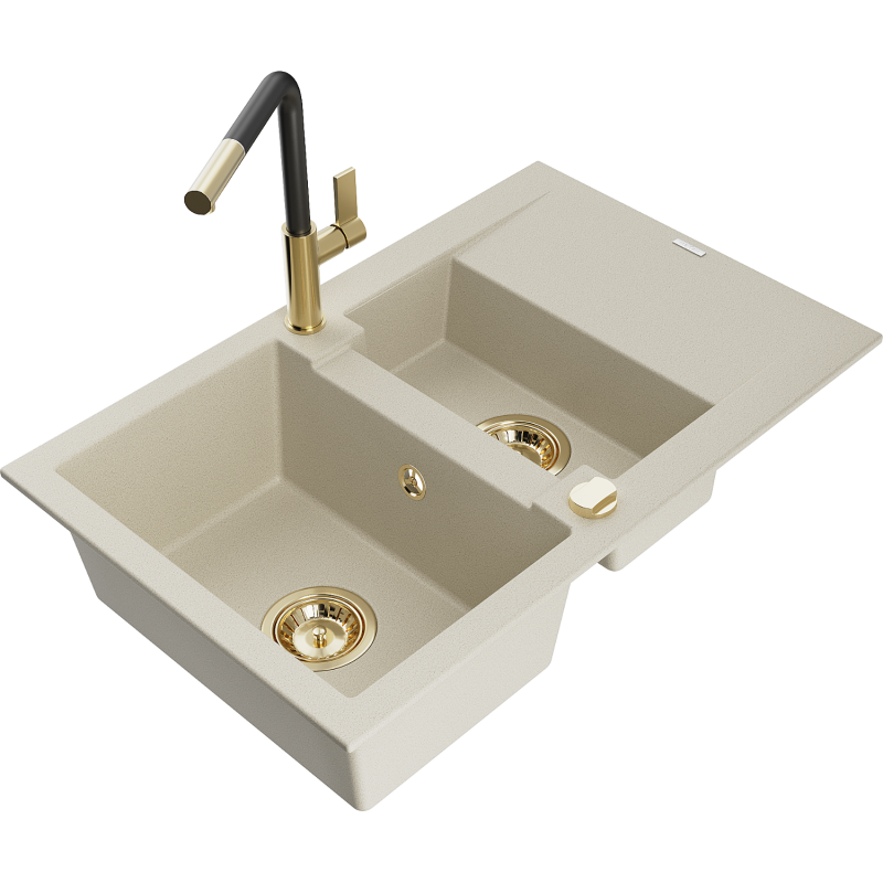 Mexen Gaspar 1,5-Becken-Granitspüle mit Abtropffläche und Mischbatterie Flora, Beige - 6507-69-670401-57-G