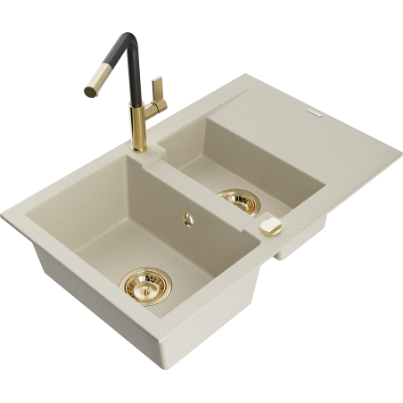 Mexen Gaspar 1,5-Becken-Granitspüle mit Abtropffläche und Mischbatterie Flora, Beige - 6507-69-670401-57-G