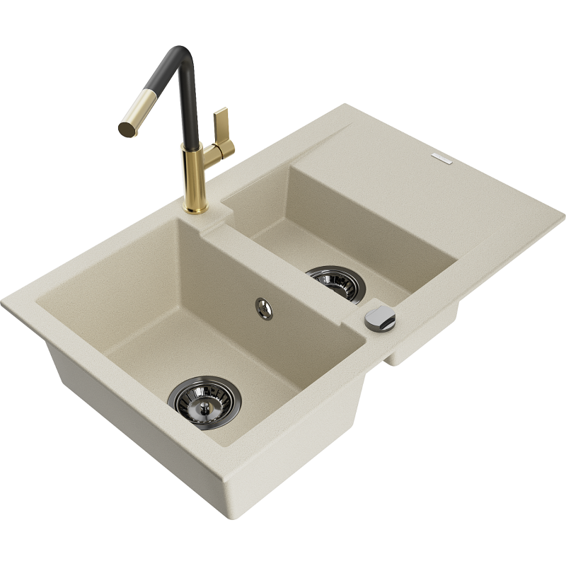 Mexen Gaspar 1,5-Becken-Granitspüle mit Abtropffläche und Mischbatterie Flora, Beige - 6507-69-670401-57-B