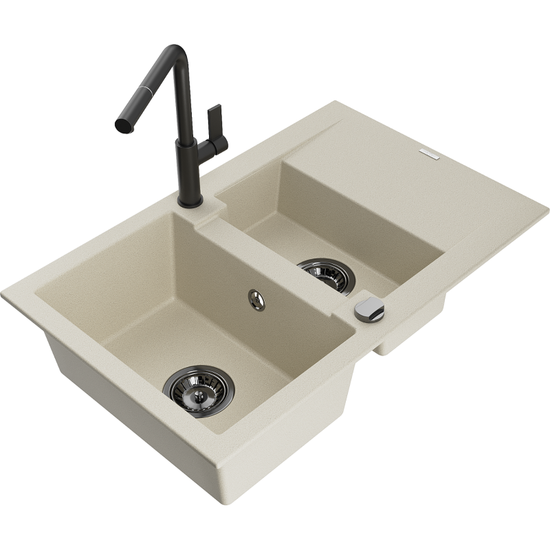 Mexen Gaspar 1,5-Becken-Granitspüle mit Abtropffläche und Mischbatterie Flora, Beige - 6507-69-670401-70-B