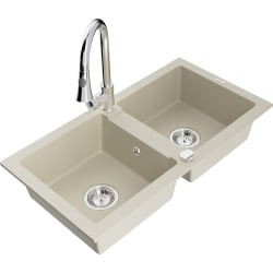 Mexen Mario 2-Becken-Granitspüle mit Mischbatterie Elia, Beige - 6504-69-670101-00