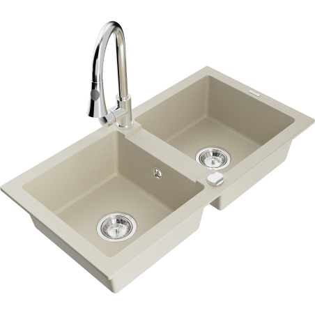 Mexen Mario 2-Becken-Granitspüle mit Mischbatterie Elia, Beige - 6504-69-670101-00