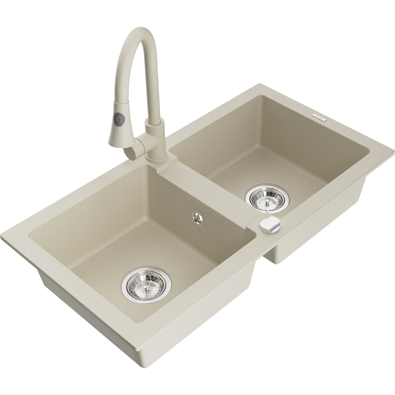 Mexen Mario 2-Becken-Granitspüle mit Mischbatterie Elia, Beige - 6504-69-670101-69