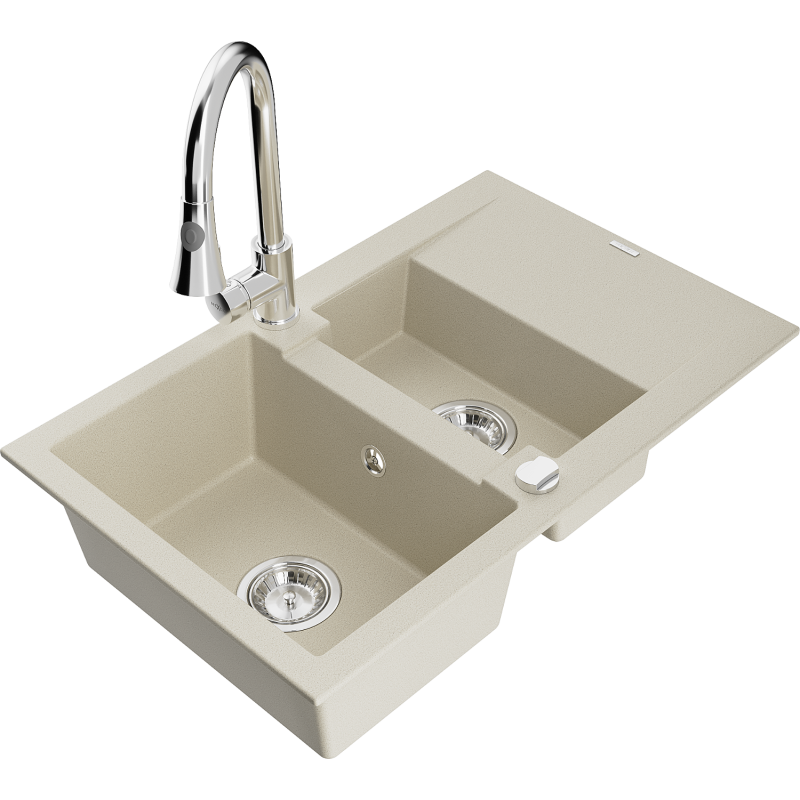 Mexen Gaspar 1,5-Becken-Granitspüle mit Abtropffläche und Mischbatterie Elia, Beige - 6507-69-670101-00