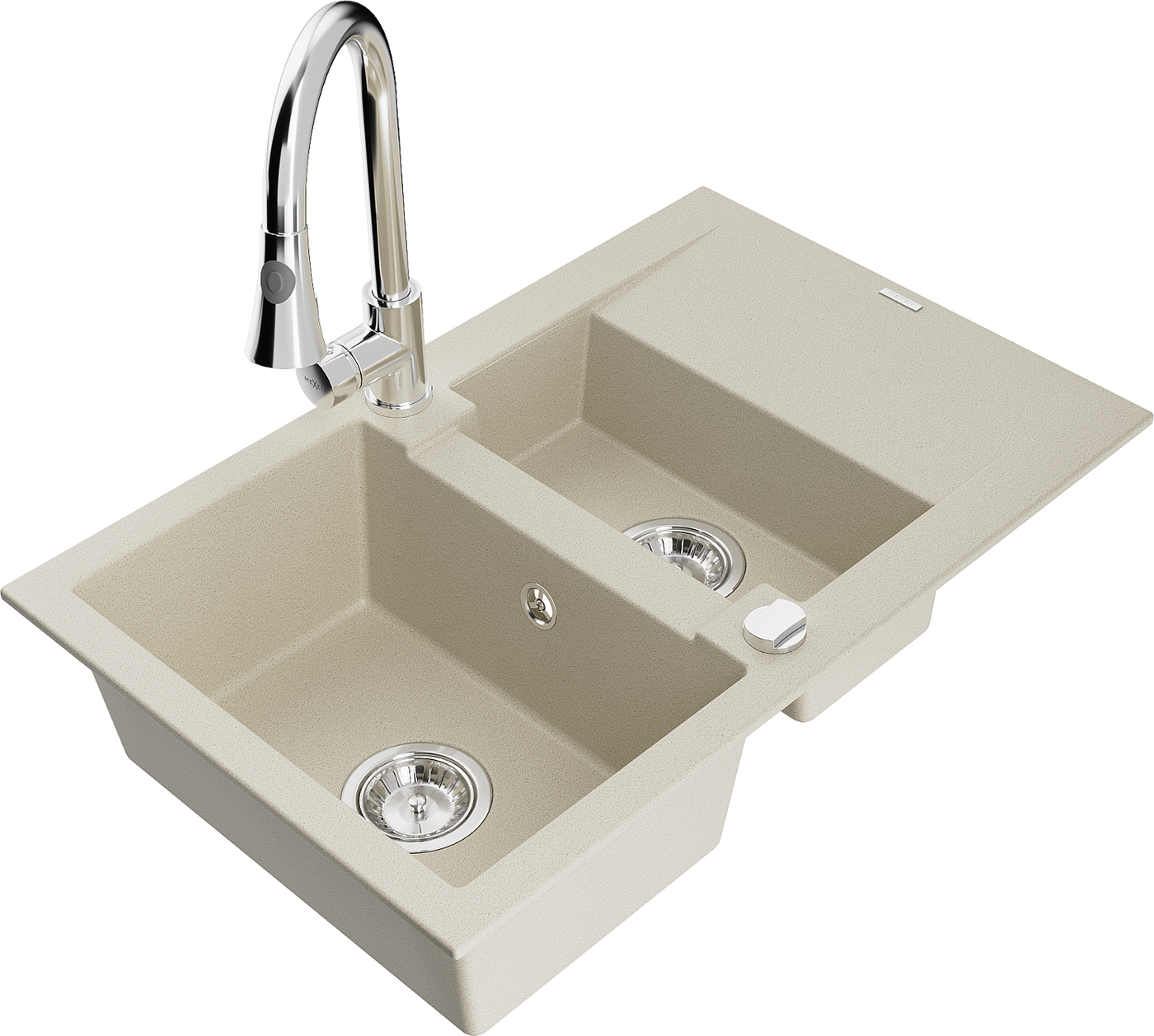 Mexen Gaspar 1,5-Becken-Granitspüle mit Abtropffläche und Mischbatterie Elia, Beige - 6507-69-670101-00