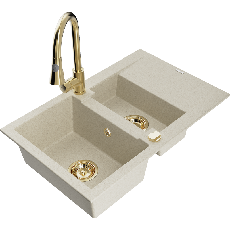 Mexen Gaspar 1,5-Becken-Granitspüle mit Abtropffläche und Mischbatterie Elia, Beige - 6507-69-670101-50