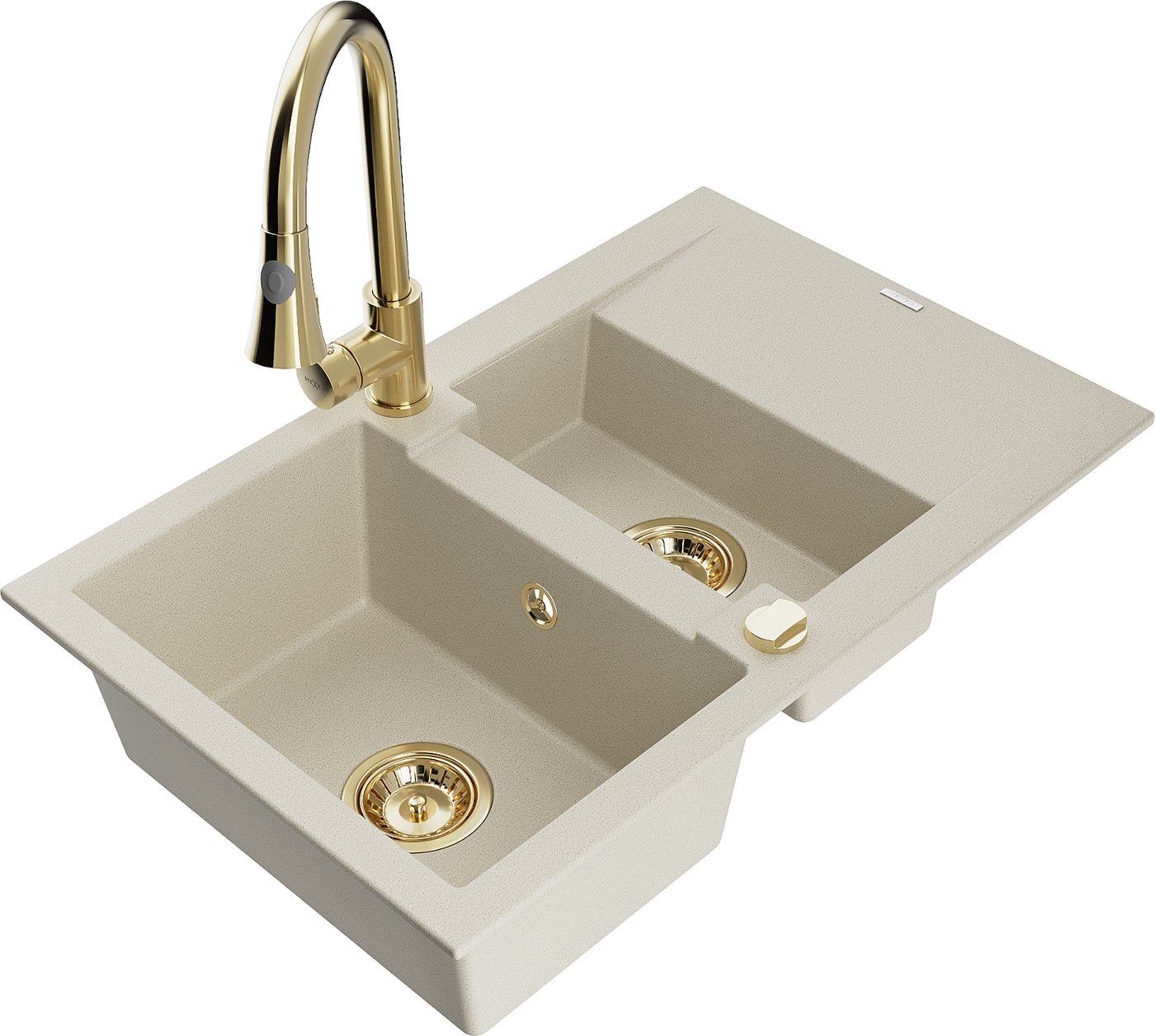 Mexen Gaspar 1,5-Becken-Granitspüle mit Abtropffläche und Mischbatterie Elia, Beige - 6507-69-670101-50