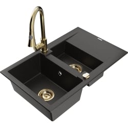 Mexen Gaspar 1,5-Becken-Granitspüle mit Abtropffläche und Mischbatterie Elia, Schwarz/Gold metallisch - 6507-75-670101-50