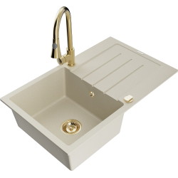 Mexen Bruno 1 Becken-Granitspüle mit Abtropffläche und Mischbatterie Elia, Beige - 6513-69-670101-50