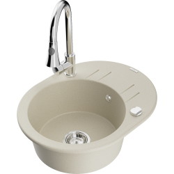 Mexen Kevin 1 Becken-Granitspüle mit Abtropffläche und Mischbatterie Elia, Beige - 6517-69-670101-00