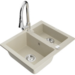 Mexen Carlos 1,5-Becken-Granitspüle mit Mischbatterie Elia, Beige - 6518-69-670101-00