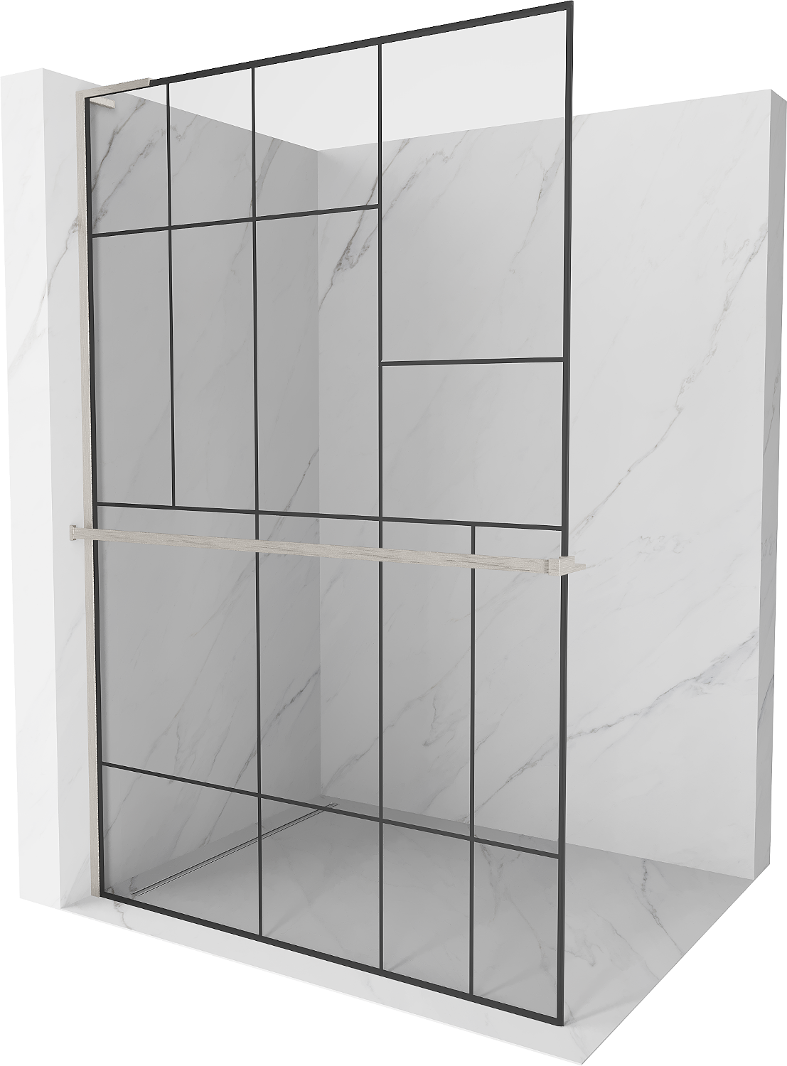 Mexen Kioto+ L Duschtrennwand mit Ablage Walk-in 90 x 200 cm, schwarzes Muster, gebürsteter Nickel - 800-090-123-97-78