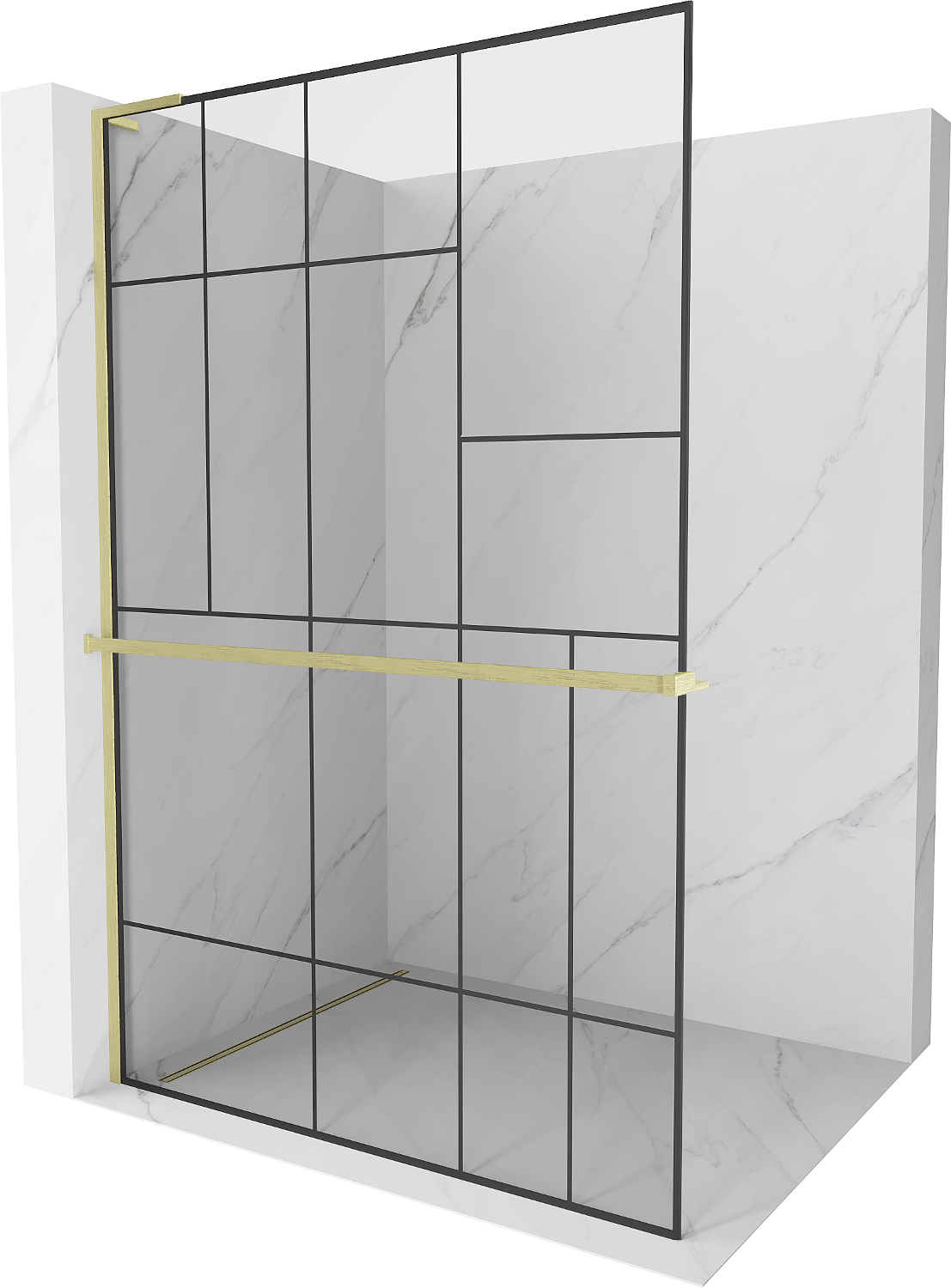 Mexen Kioto+ L Duschwand mit Regal Walk-in 100 x 200 cm, schwarzes Muster, gebürstetes Gold - 800-100-123-55-78