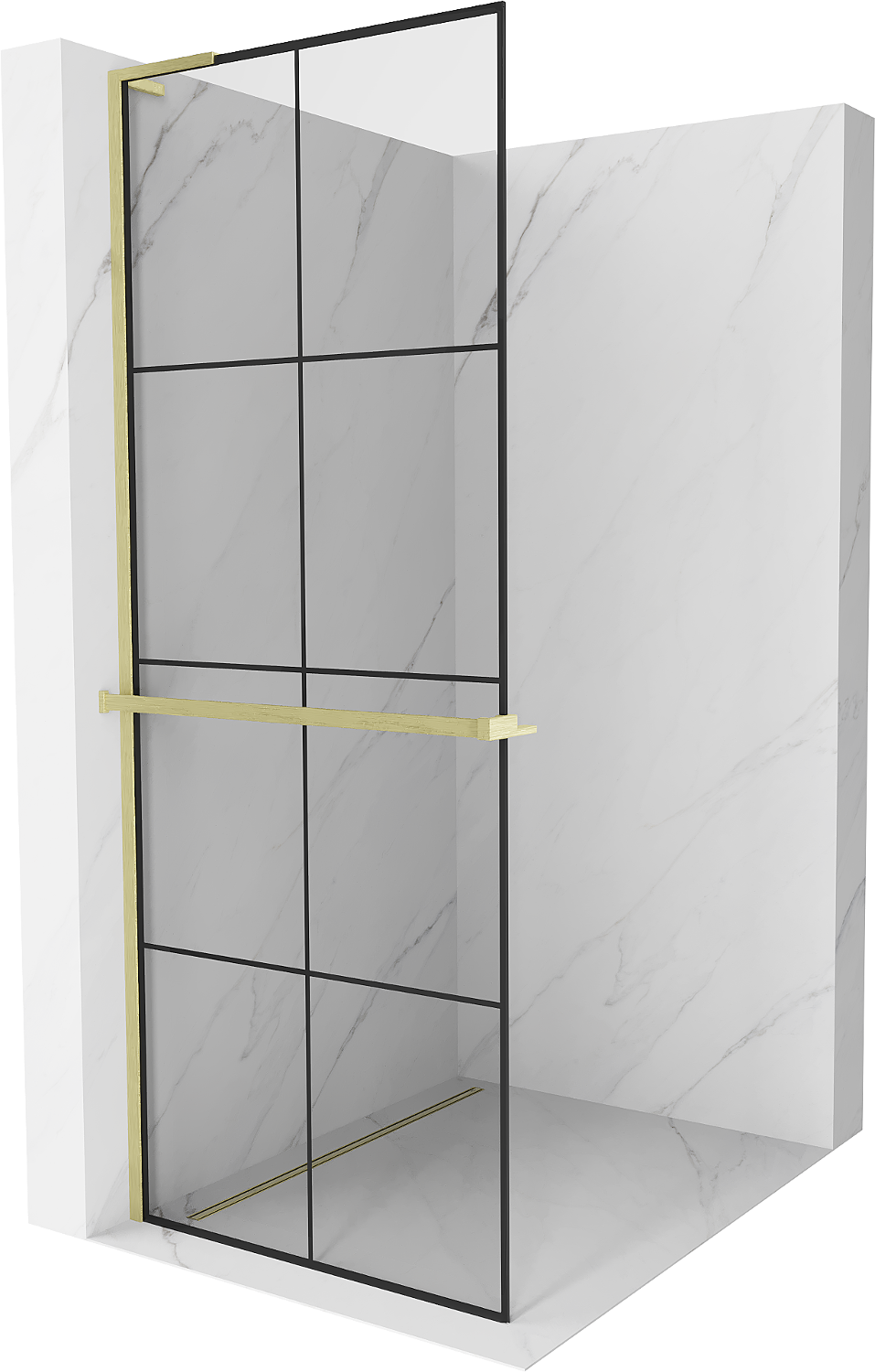 Mexen Kioto+ L Duschwand mit Regal Walk-in 80 x 200 cm, schwarzem Muster, gold gebürstet - 800-080-123-55-77