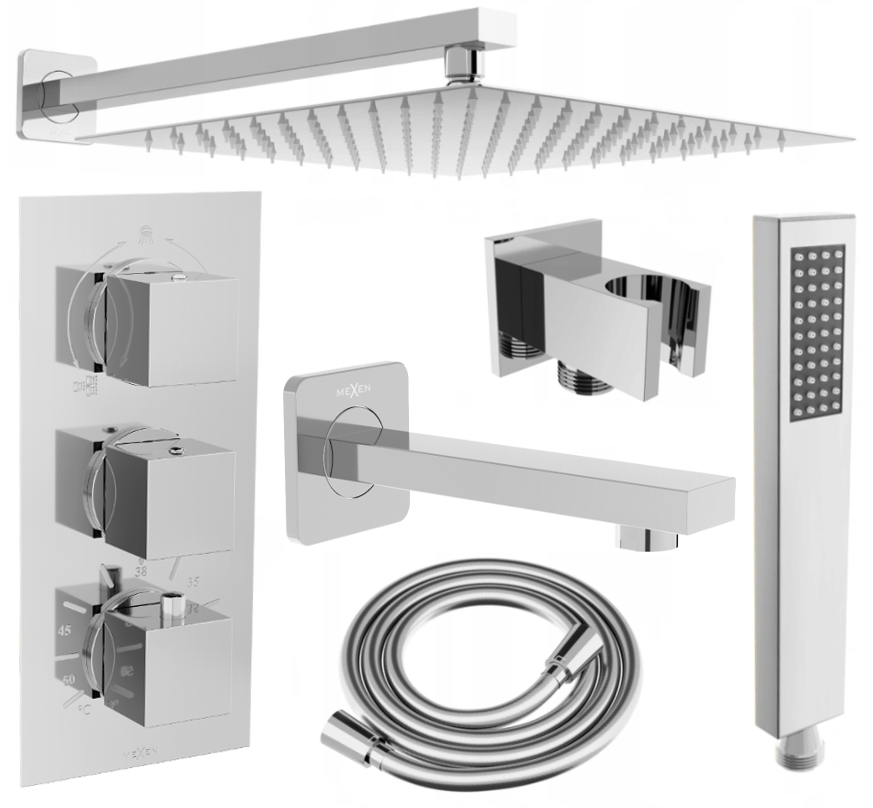 Mexen Cube DR02 Unterputz-Badewannen-/Brausegarnitur mit Regenbrause 30 cm, Chrom - 77503DR0230-00