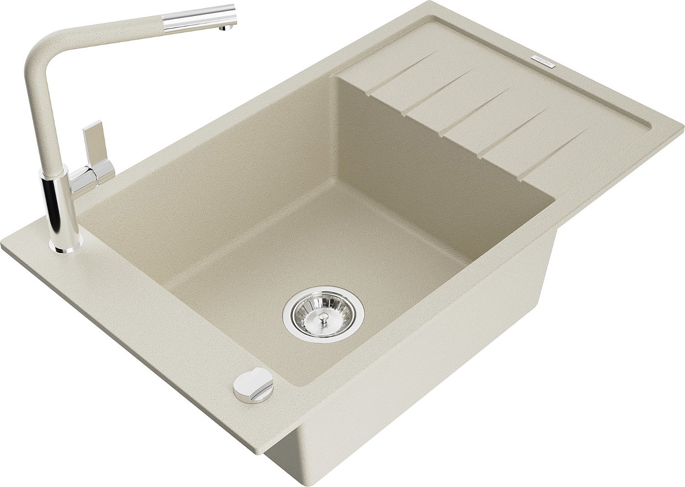 Mexen Elias 1 Becken-Granitspüle mit Abtropffläche und Mischbatterie Flora, Beige - 6511-69-670401-09