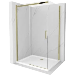 Mexen Omega ausziehbare Duschabtrennung 120 x 80 cm, Transparent, Gold + Duschwanne Flat - 825-120-080-50-00-4010