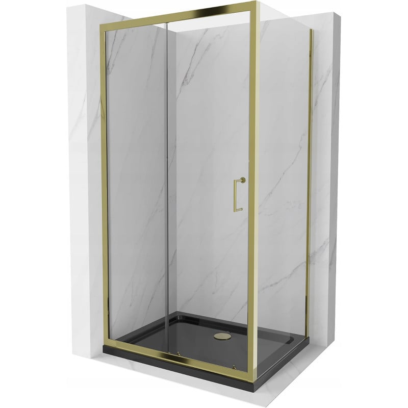 Mexen Apia ausziehbare Duschabtrennung 140 x 90 cm, Transparent, Gold + Duschwanne Flat, Schwarz - 840-140-090-50-00-4070G