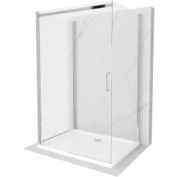 Mexen Omega Duschabtrennung, 3-wändig, einziehbar 130 x 80 cm, transparent, chrom + Duschwanne Flat - 825-130-080-01-00-3s-4010