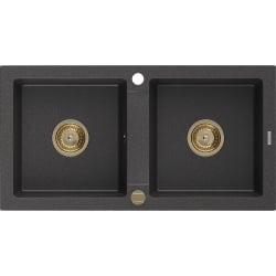 Mexen Mario 2-Becken-Granit-Spülbecken 820 x 436 mm, Schwarz gesprenkelt, Siphon Gold - 6504822000-76-G