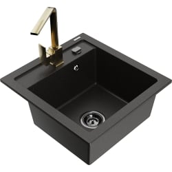 Mexen Vito 1-Becken-Granit-Spüle mit Mischbatterie Rita, Schwarz/Gold metallisch - 6503-75-670300-50-B