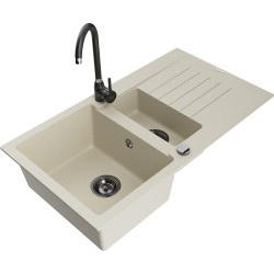 Mexen Matias 1,5-Becken-Granitspüle mit Abtropffläche und Mischbatterie Telma, Beige - 6502-69-670200-70