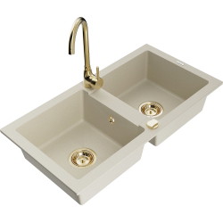 Mexen Mario 2-Becken-Granitspüle mit Mischbatterie Telma, Beige - 6504-69-670200-50