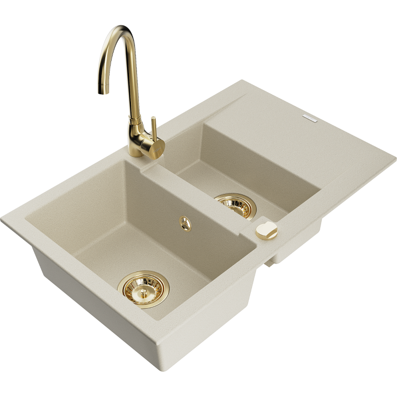 Mexen Gaspar 1,5-Becken-Granitspüle mit Abtropffläche und Mischbatterie Telma, Beige - 6507-69-670200-50