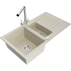 Mexen Matias 1,5-Becken-Granitspüle mit Abtropffläche und Mischbatterie Duero, Beige - 6502-69-671600-00