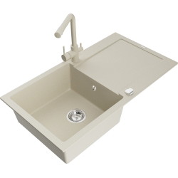 Mexen Leo 1 Becken-Granitspüle mit Abtropffläche und Mischbatterie Duero, Beige- 6501-69-671600-69