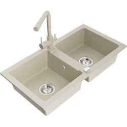 Mexen Mario 2-Becken-Granitspüle mit Mischbatterie Duero, Beige - 6504-69-671600-69