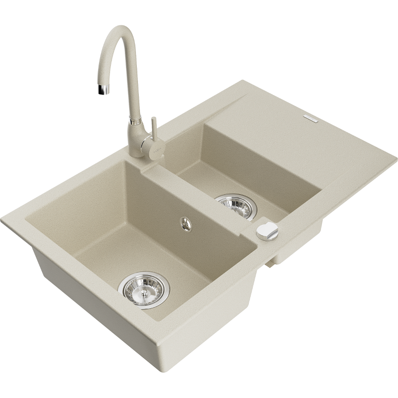 Mexen Gaspar 1,5-Becken-Granitspüle mit Abtropffläche und Mischbatterie Telma, Beige - 6507-69-670200-69