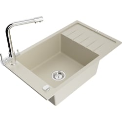 Mexen Elias 1 Becken-Granitspüle mit Abtropffläche und Mischbatterie Duero, Beige - 6511-69-671600-00